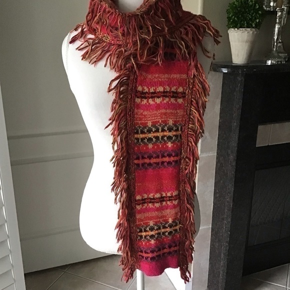 Steve Madden Long Knit Fringed Neck Scarf Muffler Acrylic Boho Pink Red Multi - Picture 11 of 16